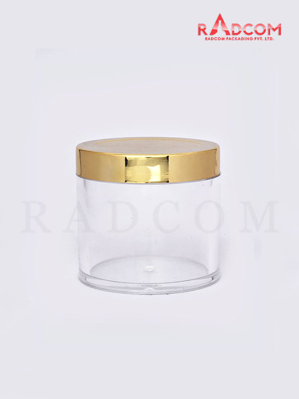 100 GM Clear SAN Cream Jar with Lid and Shinny Golden Metalized ABS Cap